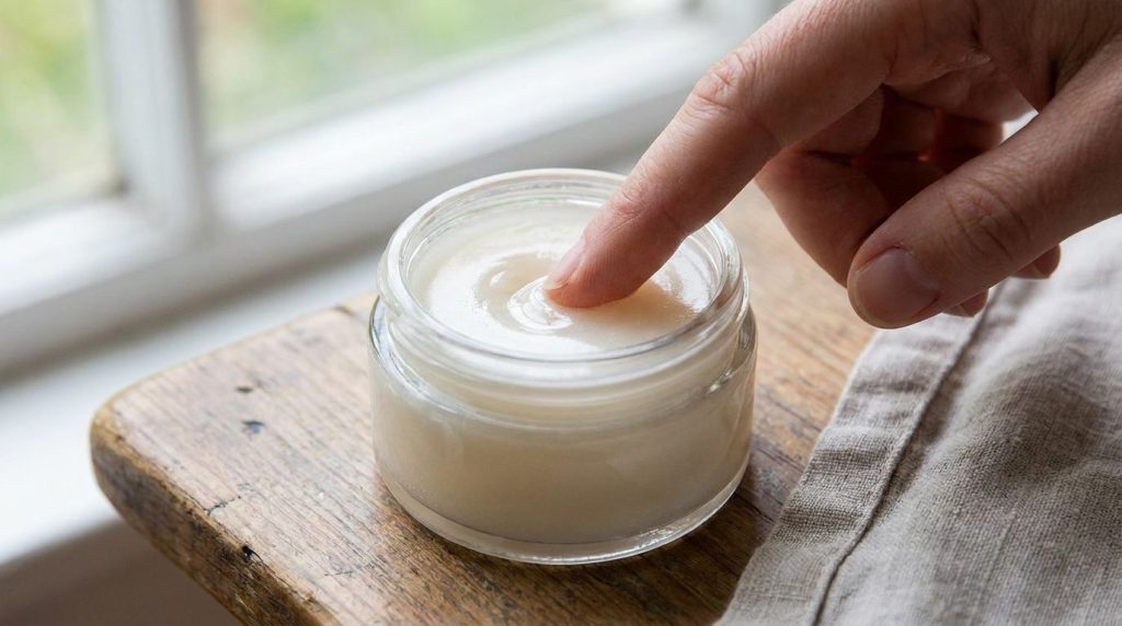 A small glass jar with a mixture of Vaseline and baby oil inside ready for application with a finger dipping into it