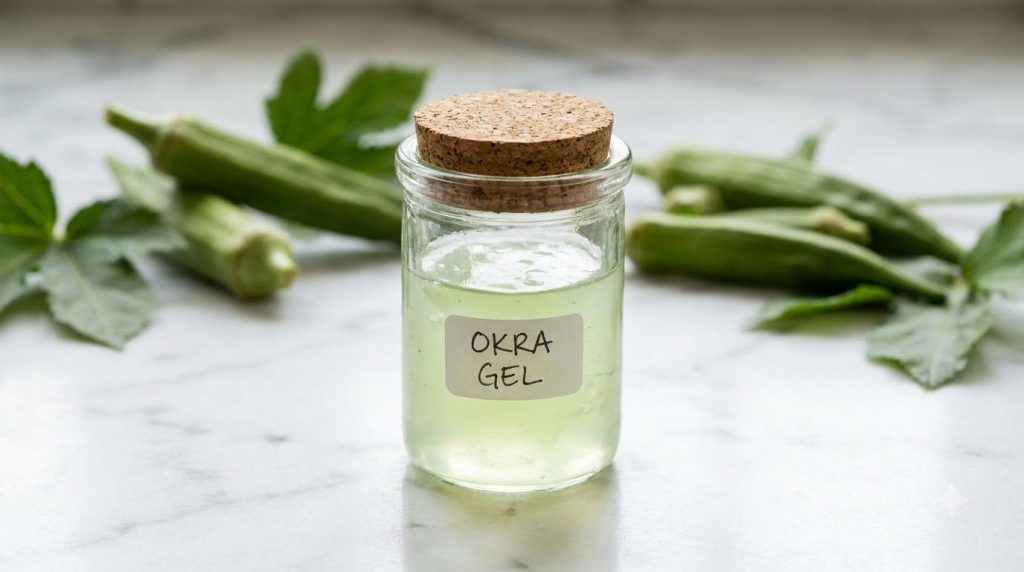 A small glass jar filled with translucent homemade okra gel placed on a clean white surface with fresh okra pods in the 