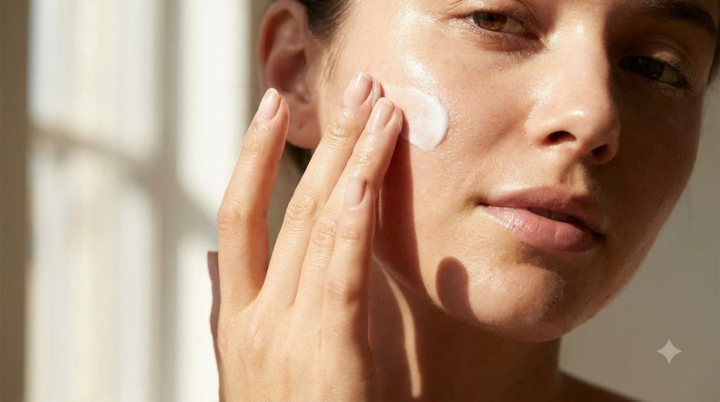 A woman gently applying a homemade cream to her cheek with her fingertips showing radiant healthy-looking skin in soft n