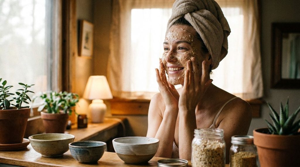 A woman gently applying a homemade face mask to her clean radiant face with a soft natural glow under warm lighting