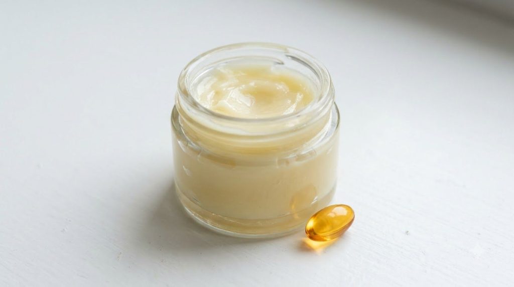 A close-up of a small glass jar containing a creamy yellow DIY mixture of Vaseline and Vitamin E with a Vitamin E capsul