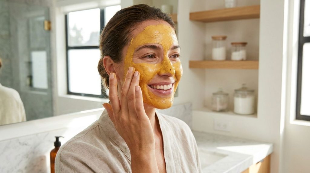 A woman gently applying the yellow turmeric and Vaseline mask to her clean face with her fingertips in a brightly lit ba