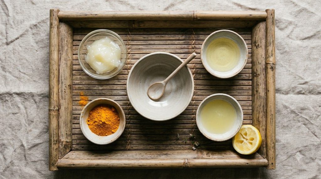 Various small bowls on a bamboo tray each containing one of the ingredients Vaseline baby oil turmeric powder and freshl