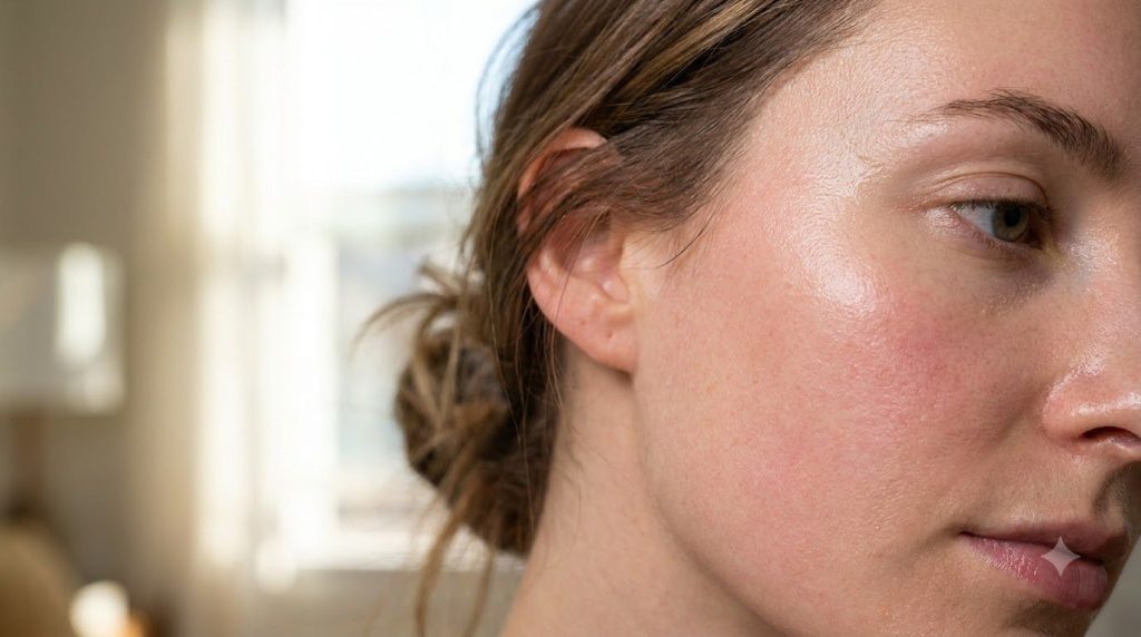 A close-up of a woman s healthy glowing skin on her cheek showing a smooth and radiant complexion The skin looks well-hy