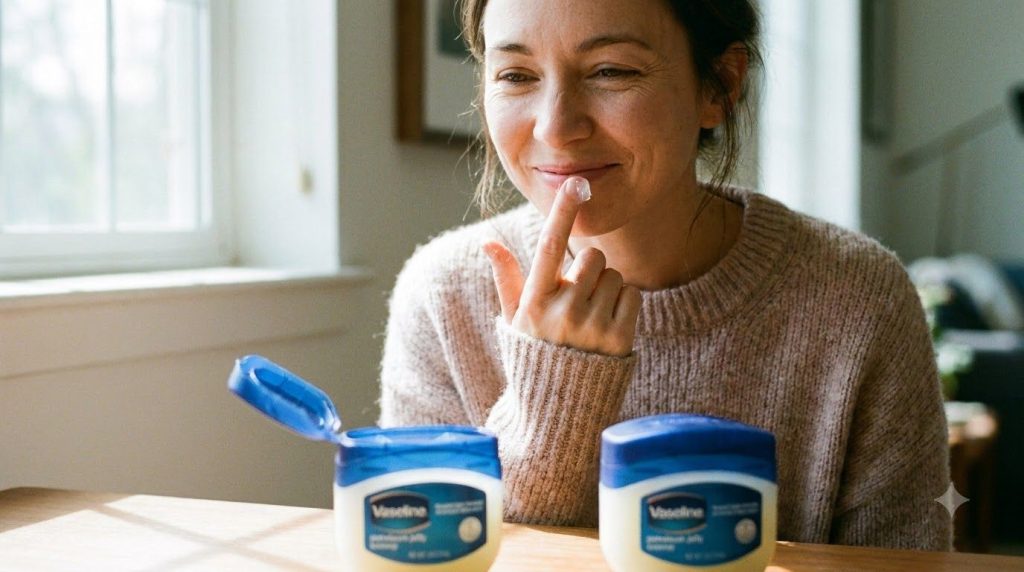 A woman applying a small amount of Vaseline to her lips demonstrating a beauty hack Her hands are visible holding the bl