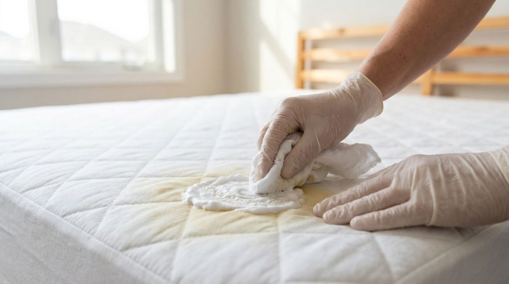 A person cleaning a yellow stain on a mattress with a cloth and a homemade shaving cream and baking soda mixture