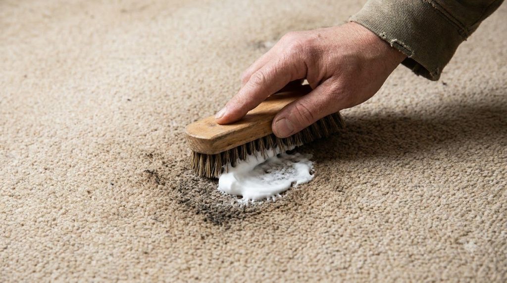 A person cleaning a dirty spot on a carpet with shaving cream and a brush