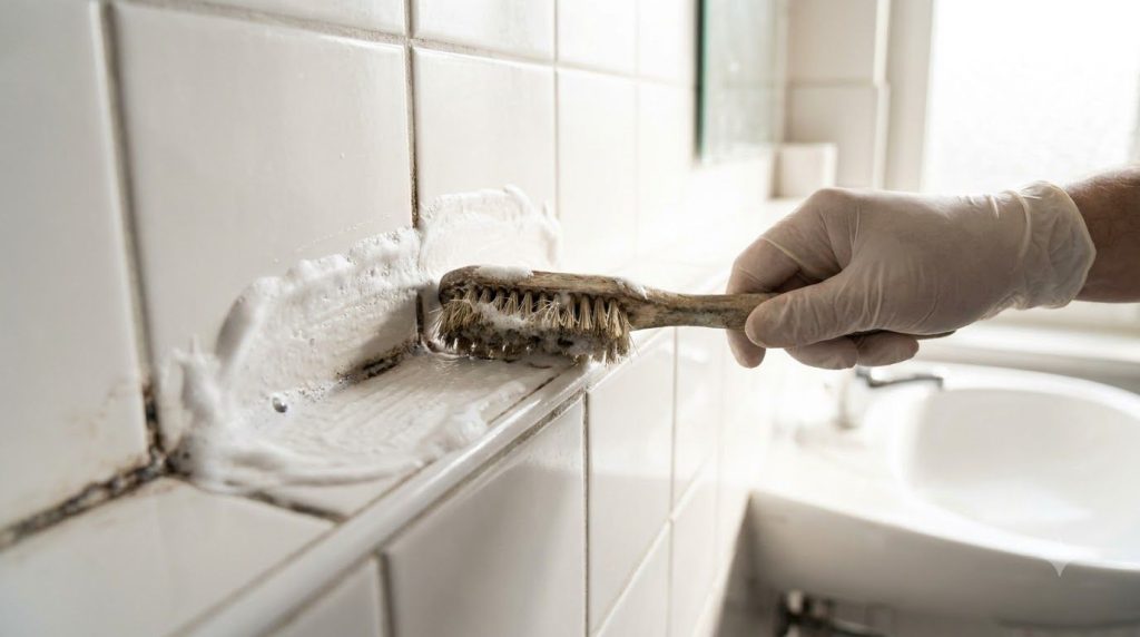 A person cleaning moldy bathroom grout with shaving cream and an old toothbrush