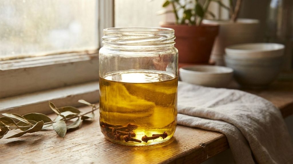 A beautiful close-up of a glass jar filled with golden clove-infused oil with whole cloves visible at the bottom and a r