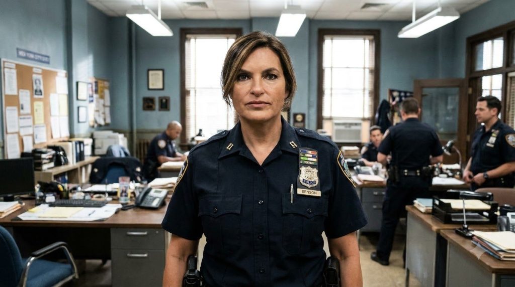 Mariska Hargitay as Olivia Benson in her police uniform looking serious and determined