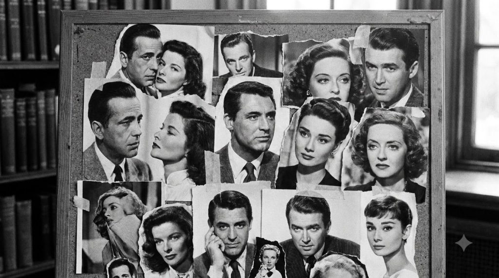 A collage or montage of several iconic classic Hollywood actors and actresses some partially obscured or in unique poses