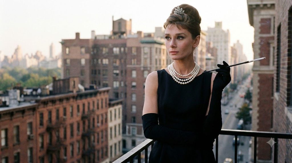 Audrey Hepburn as Holly Golightly in Breakfast at Tiffany s wearing a black dress pearls and a tiara holding a cigarette