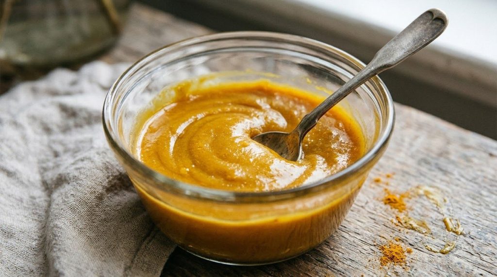 A close-up of a small bowl containing a golden yellow paste made from Vaseline and turmeric with a small spoon for mixin
