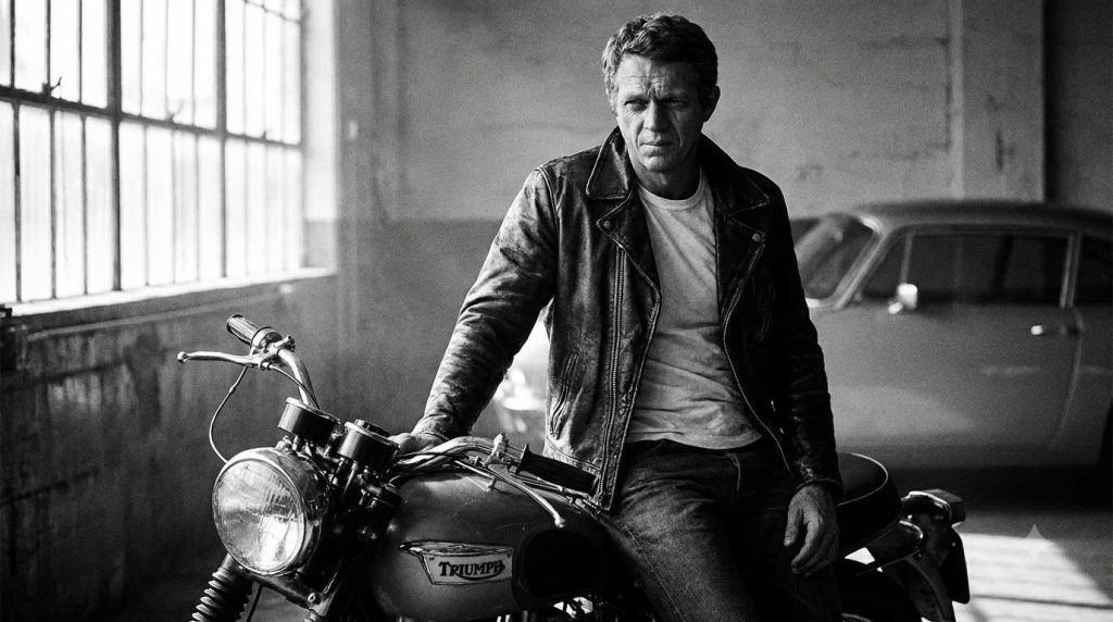 Classic black and white photo of Steve McQueen looking cool and rebellious perhaps on a motorcycle or in a car