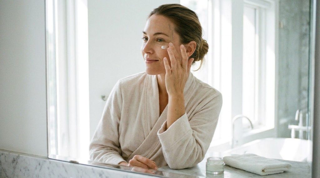 A woman gently applying a small amount of eye cream to her under-eye area with her ring finger looking refreshed and hap