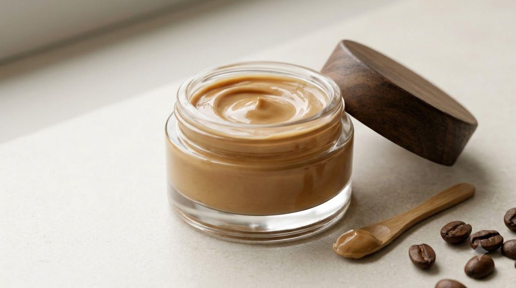 A small clear glass jar filled with a homemade coffee and Vaseline eye cream with a small spatula beside it on a clean b