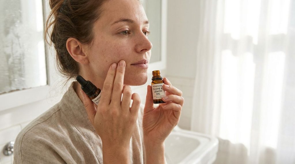 A woman applying a few drops of homemade clove and lemon oil to her clean face gently massaging it into her skin with he