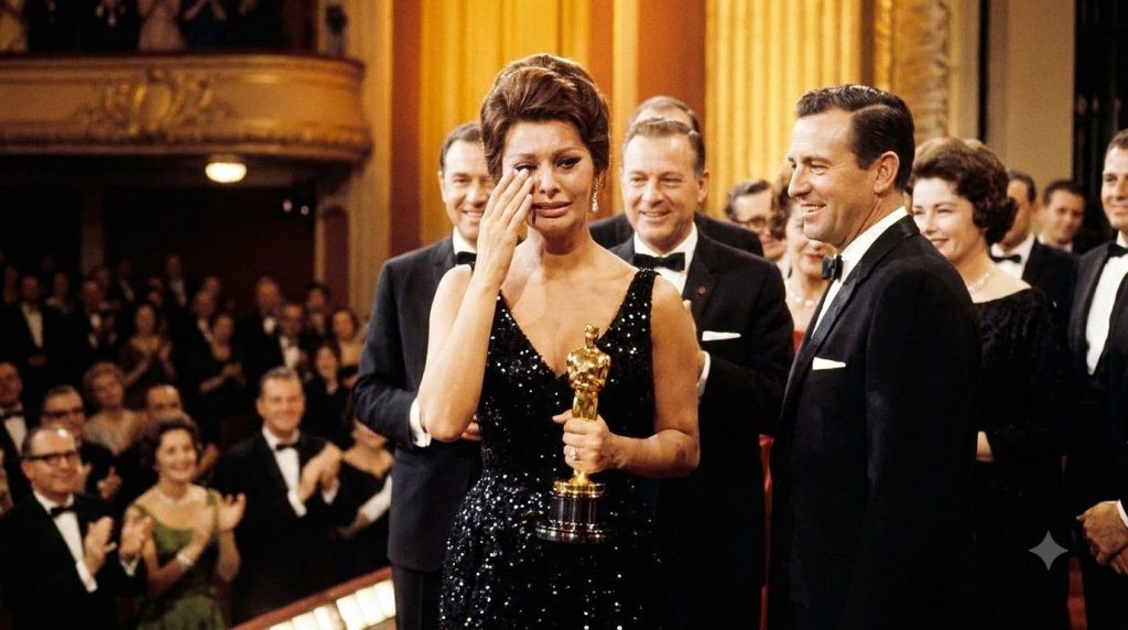 Sophia Loren accepting her Academy Award for Best Actress looking elegant and emotional