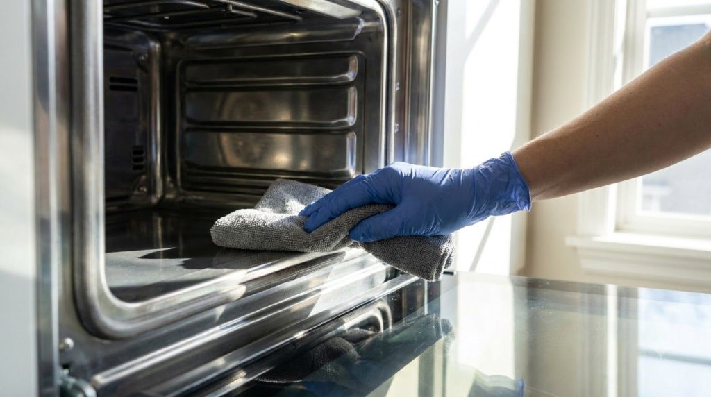 A hand wearing a glove wiping the inside of a clean sparkling oven with a microfiber cloth showing the results of the cl