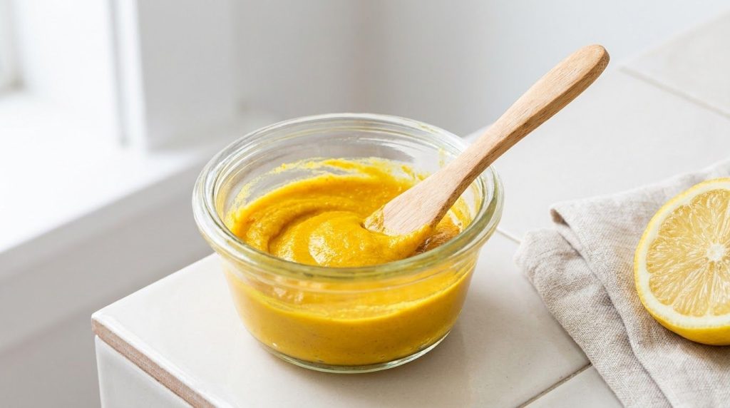 A small glass bowl containing the bright yellow mixed paste of Vaseline turmeric and lemon with a small spatula resting 
