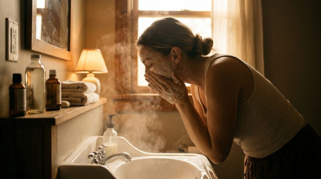 A woman gently cleansing her face with a natural cleanser in a warm dimly lit bathroom at night with steam rising from a