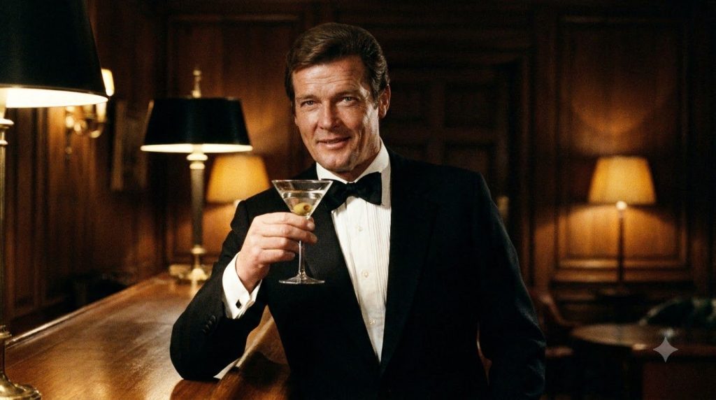 Roger Moore as James Bond looking sophisticated in a tuxedo with a classic Bond pose