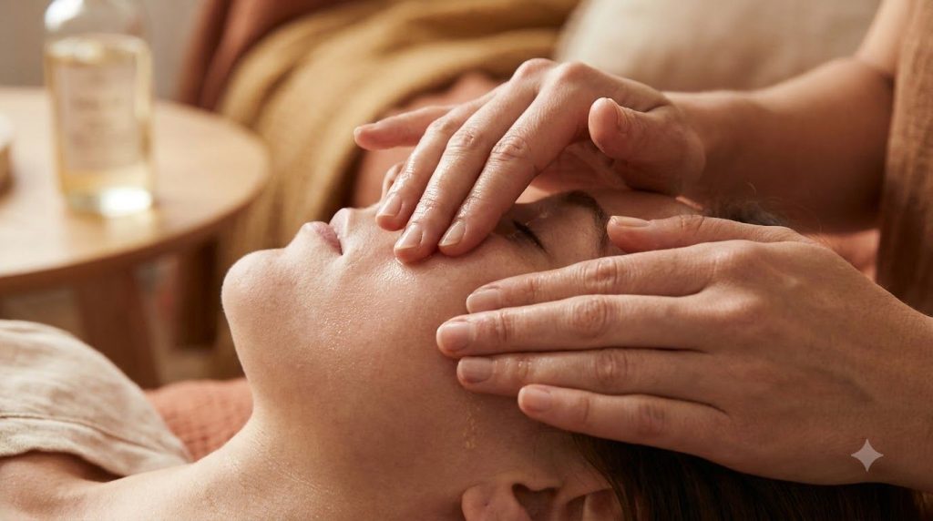 A close-up of hands gently massaging baby oil onto a face with a soft dewy glow visible on the skin The setting is warm