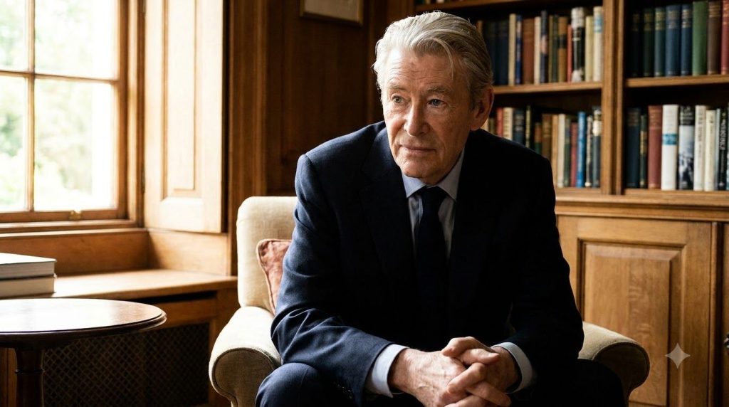 A more mature Peter O Toole with silver hair and a distinguished look perhaps from a later film role or a public appeara