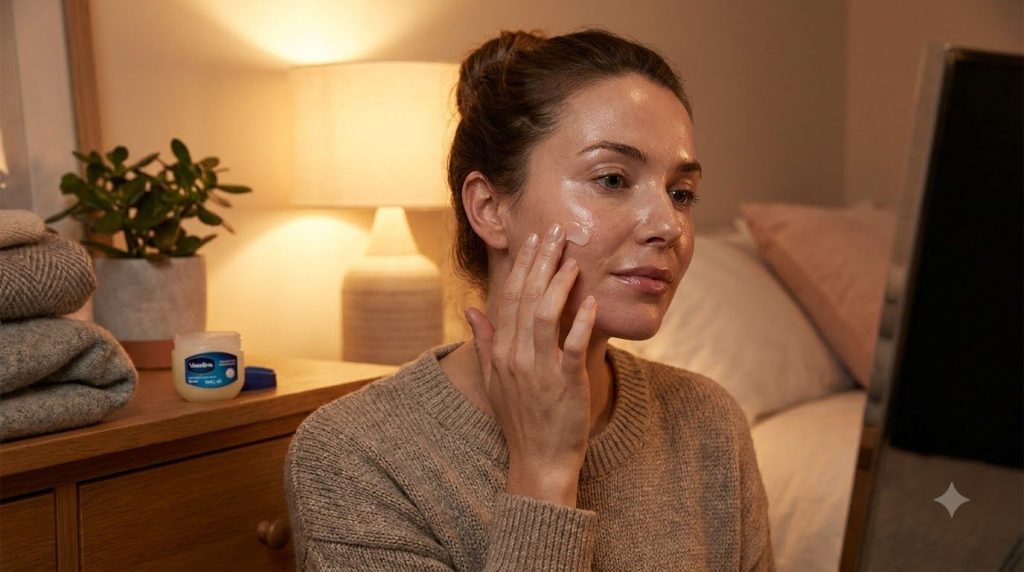 A woman applying a small amount of Vaseline mixed with baby oil to her face as part of her nightly skincare routine show