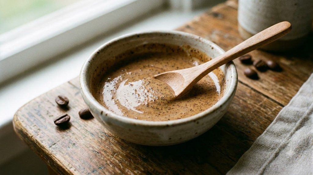 Close-up shot of a small bowl containing the mixed DIY coffee mask showing its creamy texture with visible coffee granul