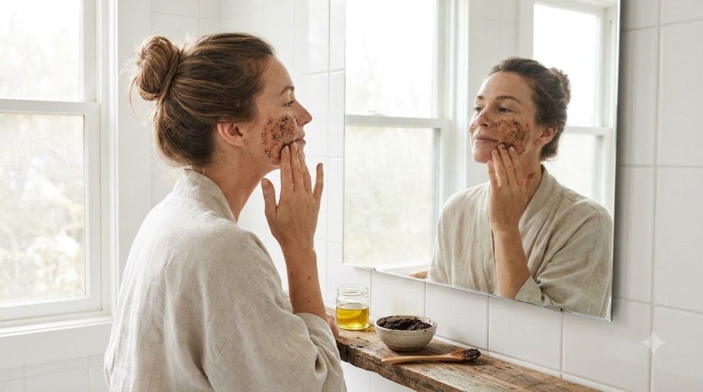 A woman gently applying a homemade coffee scrub to her face in a well-lit bathroom with a soft smile conveying self-care