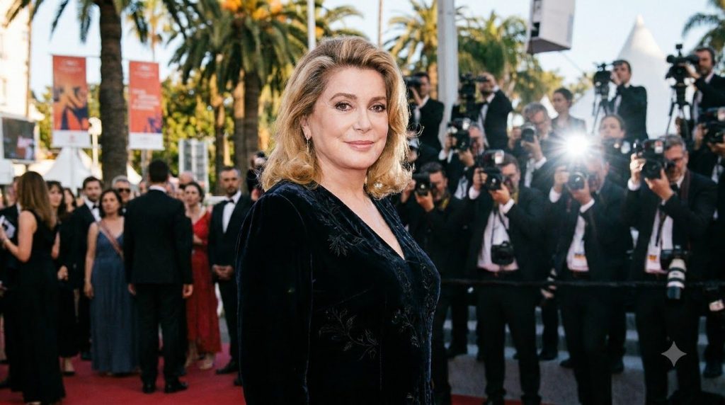 Catherine Deneuve in a sophisticated elegant pose perhaps from a red carpet event or a more mature film role conveying h