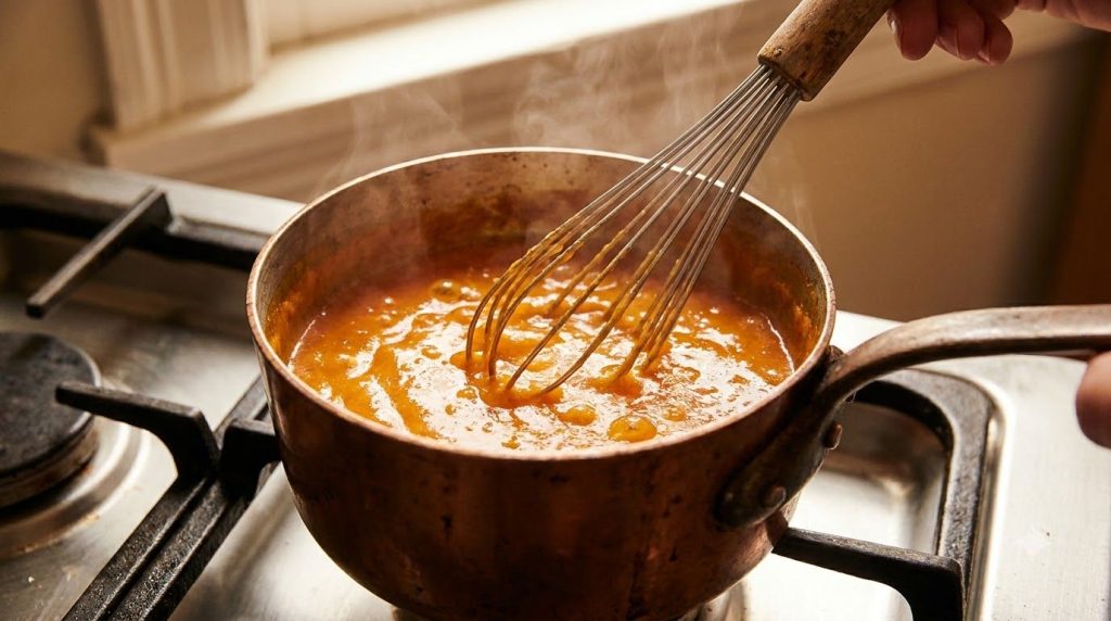 A close-up of the glossy thick orange sauce simmering in a small saucepan with a whisk stirring it gently