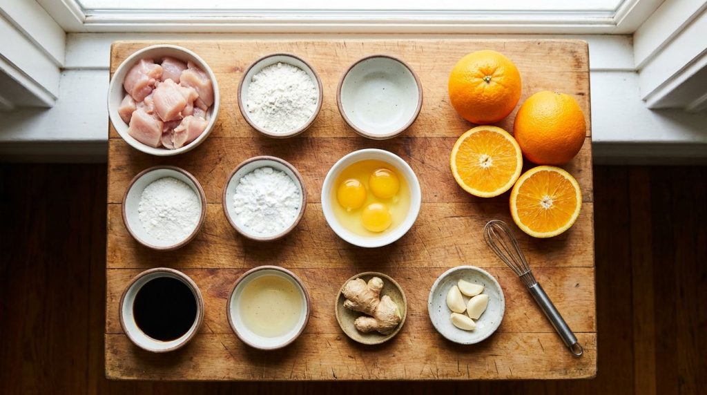 Various ingredients for homemade Orange Chicken including raw chicken pieces flour cornstarch eggs oranges soy sauce ric