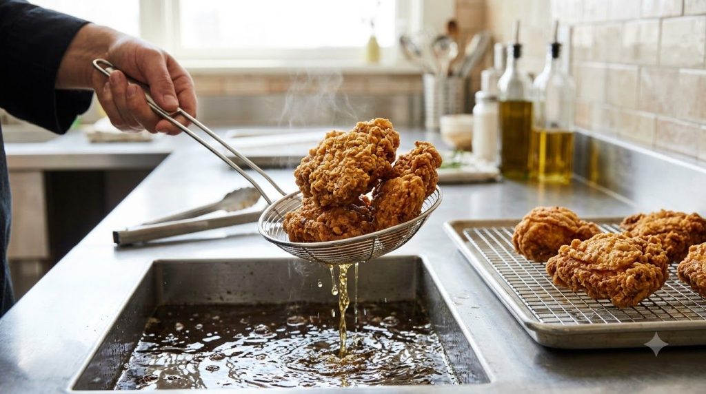Close-up shot of golden-brown crispy chicken pieces being removed from a deep fryer with a slotted spoon oil dripping of