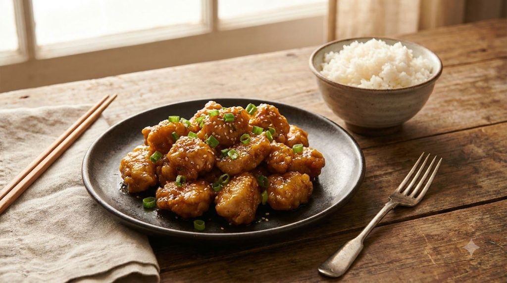 A final plate of Copycat Panda Express Orange Chicken garnished with green onions and sesame seeds served with a side of