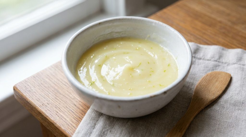 Close-up of a small bowl containing a creamy mixture of Vaseline Vitamin E oil and a hint of lime ready for application