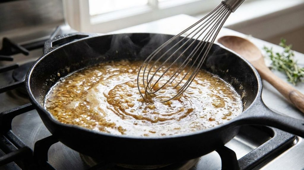 A close-up of a skillet with garlic butter sauce simmering showing the melted butter minced garlic and bubbling chicken 