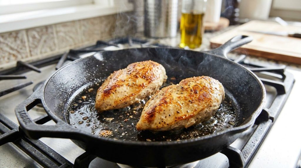 Chicken breasts searing in a hot skillet developing a golden-brown crust A few drops of oil are visible and the pan is s