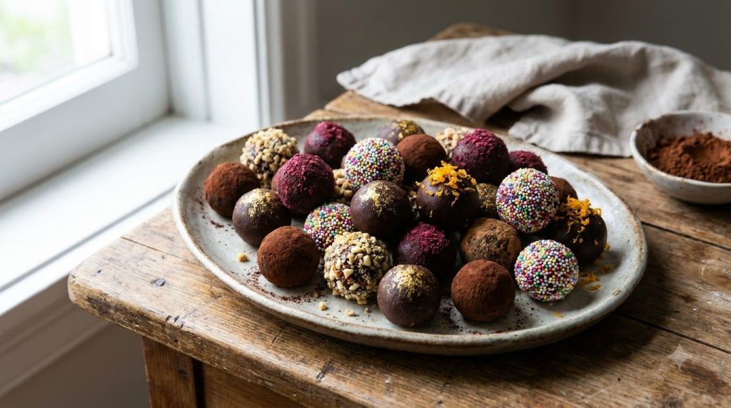 A variety of finished truffles artfully arranged on a serving platter showcasing different colors and textures from thei
