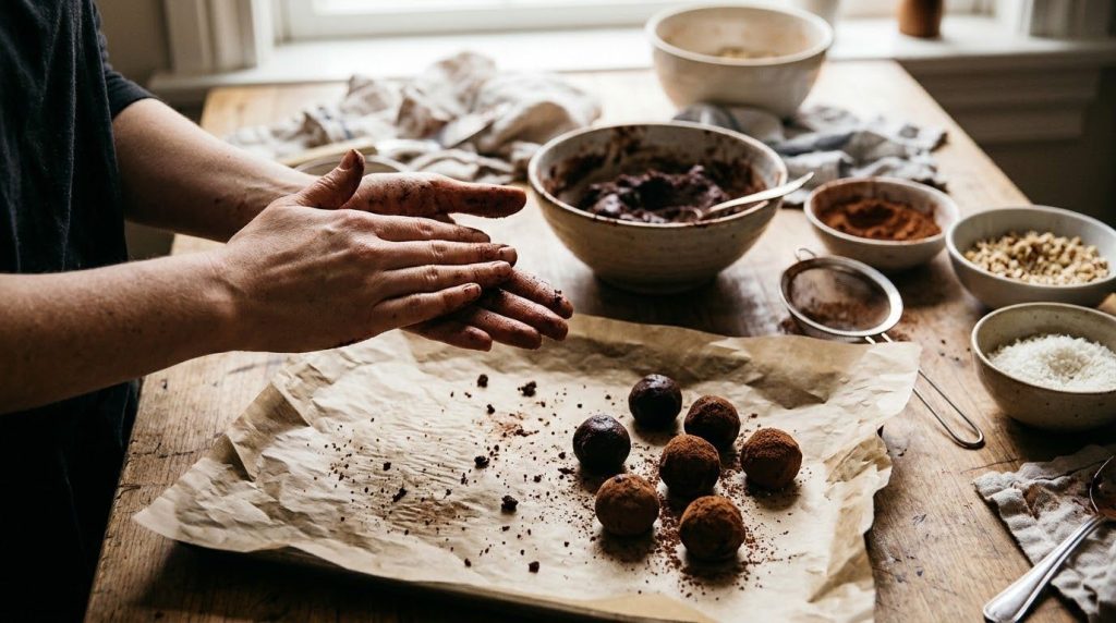 Various truffle mixtures in bowls some being rolled into balls by hands ready for chilling and coating