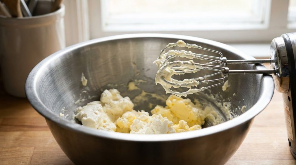A large mixing bowl with softened cream cheese and butter ready to be beaten with an electric mixer