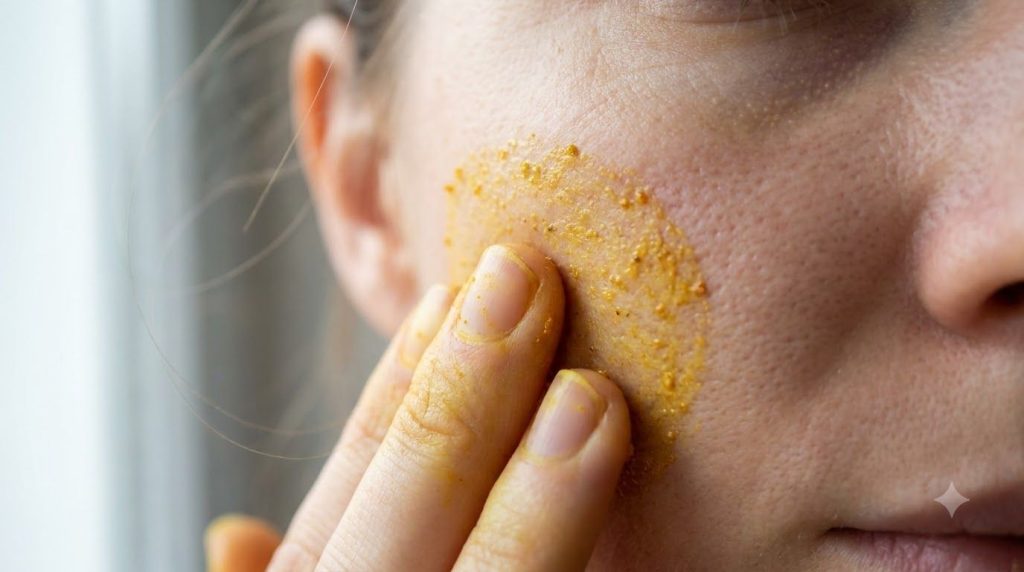 A close-up of a DIY face mask being applied to clean skin showing the yellow hue of turmeric and the fresh texture of a 