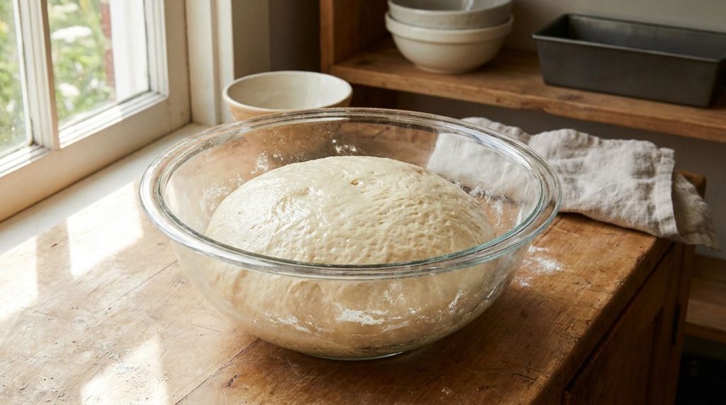 A perfectly risen smooth ball of classic yeast bread dough in a glass bowl ready for baking
