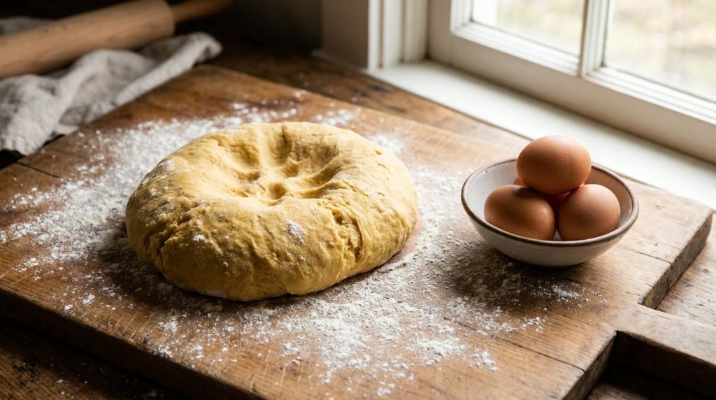 A mound of fresh yellow pasta dough on a wooden board with a well in the center containing eggs ready to be kneaded