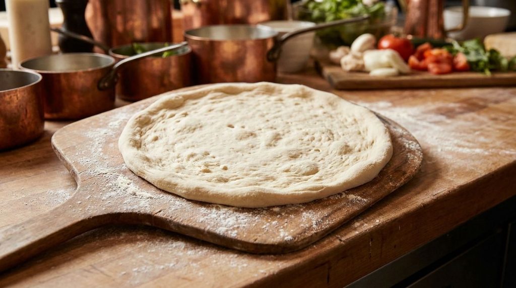 A perfectly round thin pizza dough base lightly dusted with flour on a wooden peel ready for toppings