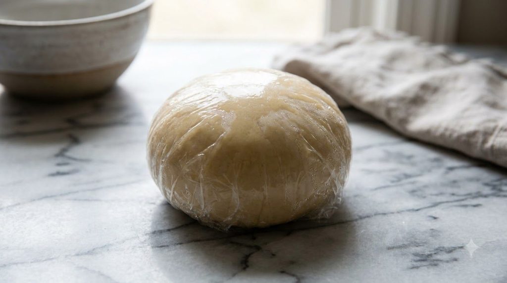 A ball of chilled pie crust dough wrapped in plastic wrap resting on a marble surface