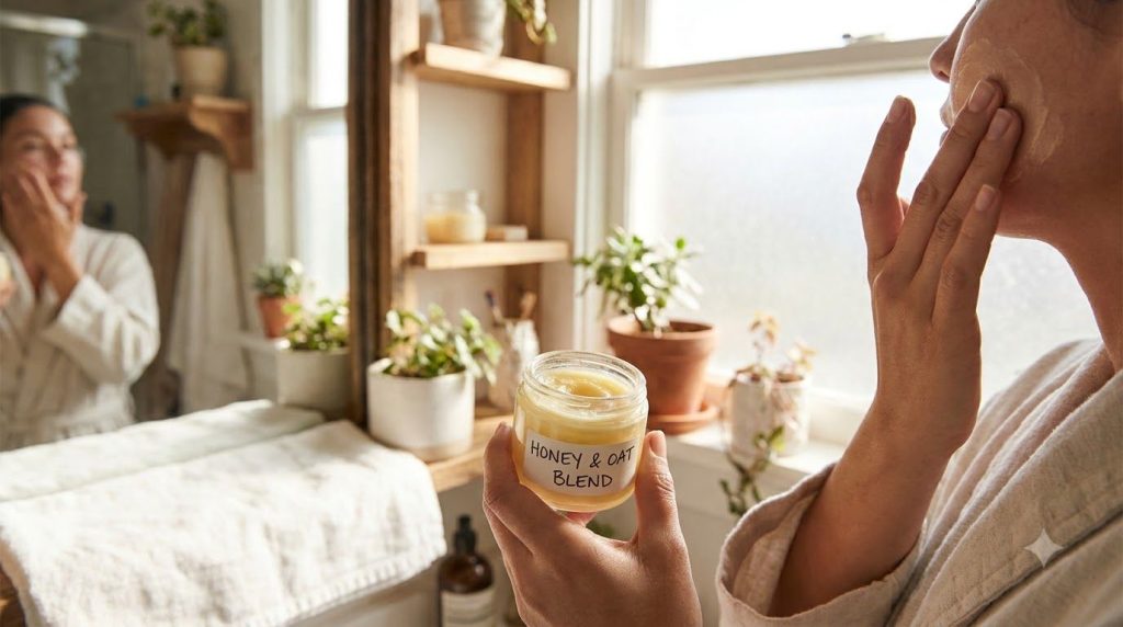 A person gently massaging a small amount of the DIY blend onto their face or hands showcasing soft glowing skin