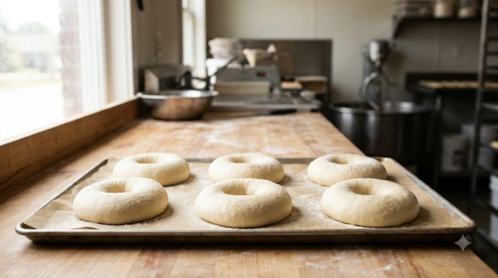 Several perfectly shaped bagel rings resting on a baking sheet ready for boiling and baking