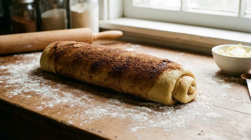 A soft rich cinnamon roll dough studded with cinnamon sugar and rolled into a log ready to be sliced